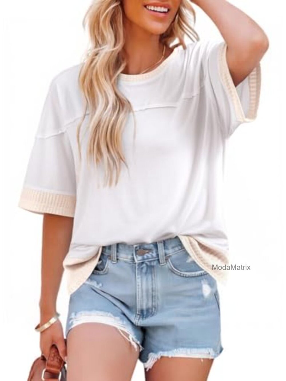 Womens Oversized Color Block Short Sleeve Waffle Knit Tunic Tee